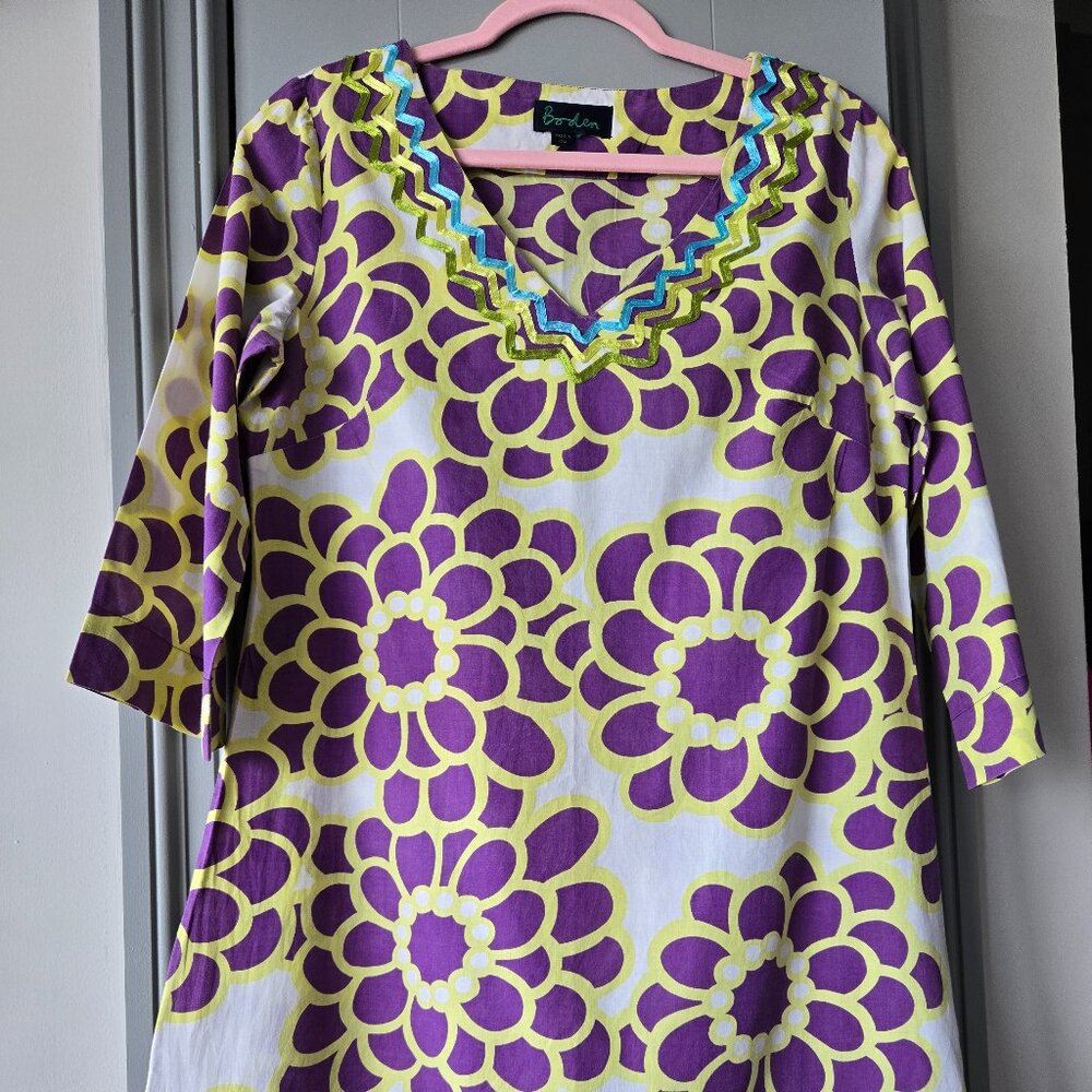 Boden Purple Yellow Floral Ribbon Trim Tunic Dress Size 8
